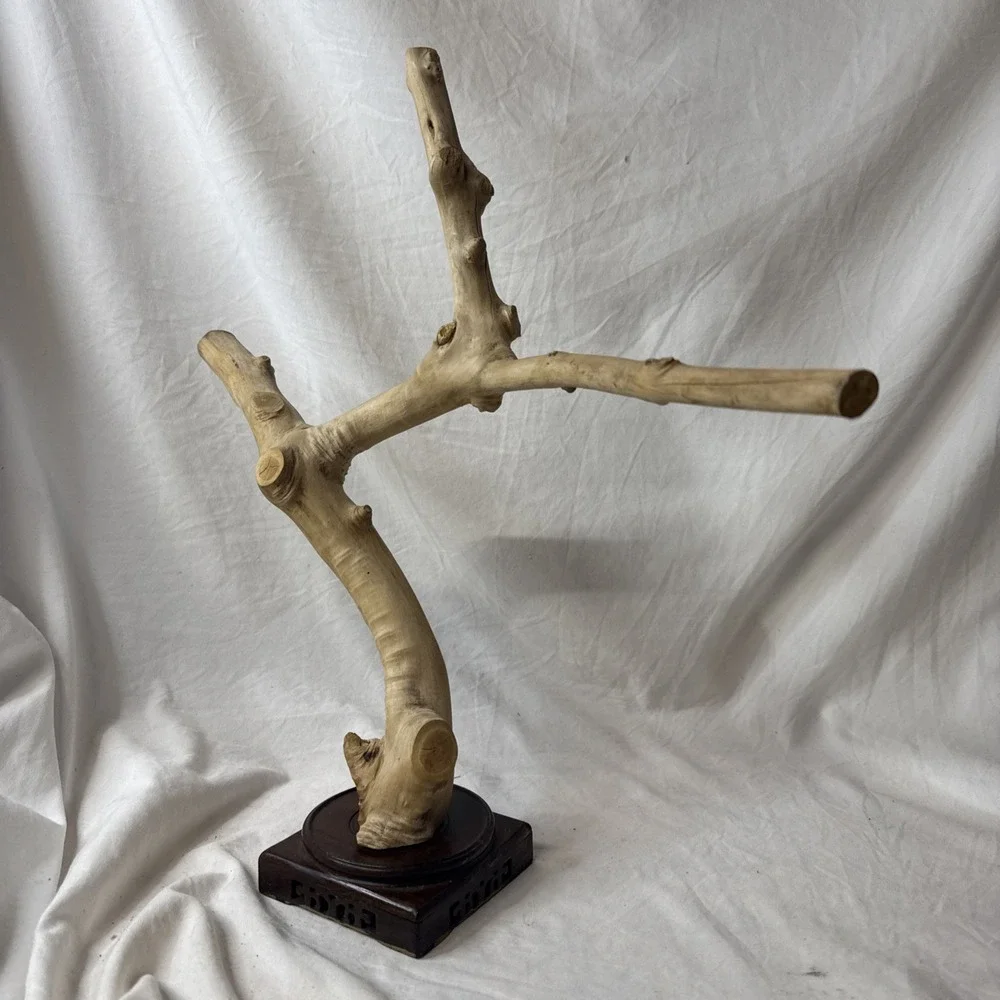 Vintage Natural Wood Tabletop Bird Perch Stand Asian Style Carved Base Display